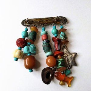 Silver Bar Pin Broach with Stone Beads Moon Fish Cowboy Hat Rabbit Turquoise